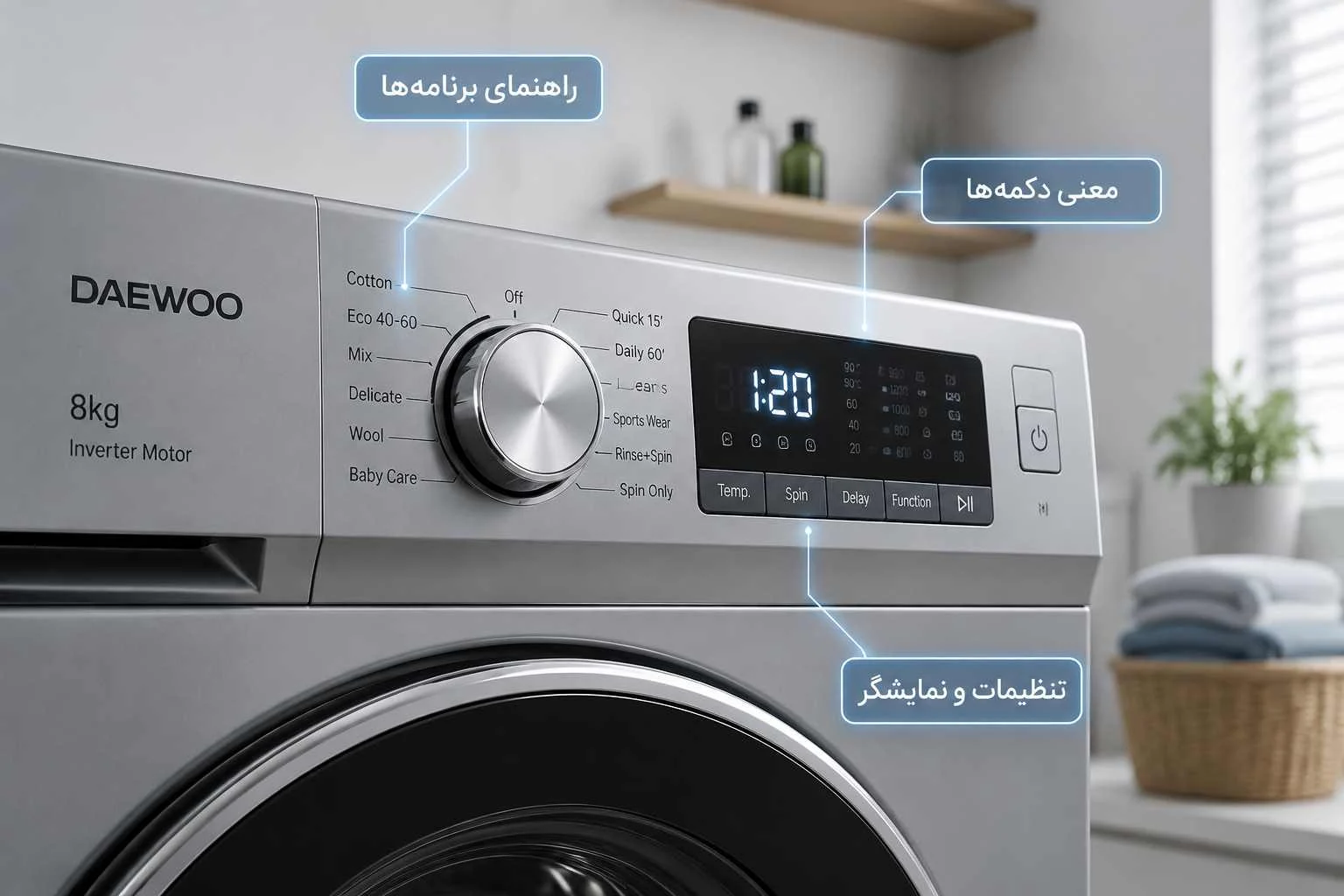 معنی کلمات روی ماشین لباسشویی دوو ۸ کیلویی